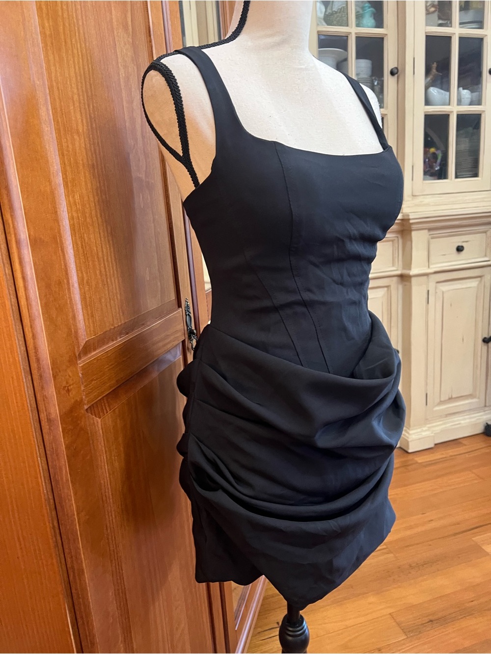 Square Neck Black Satin-Trim Mini Dress - Picture 4 of 10